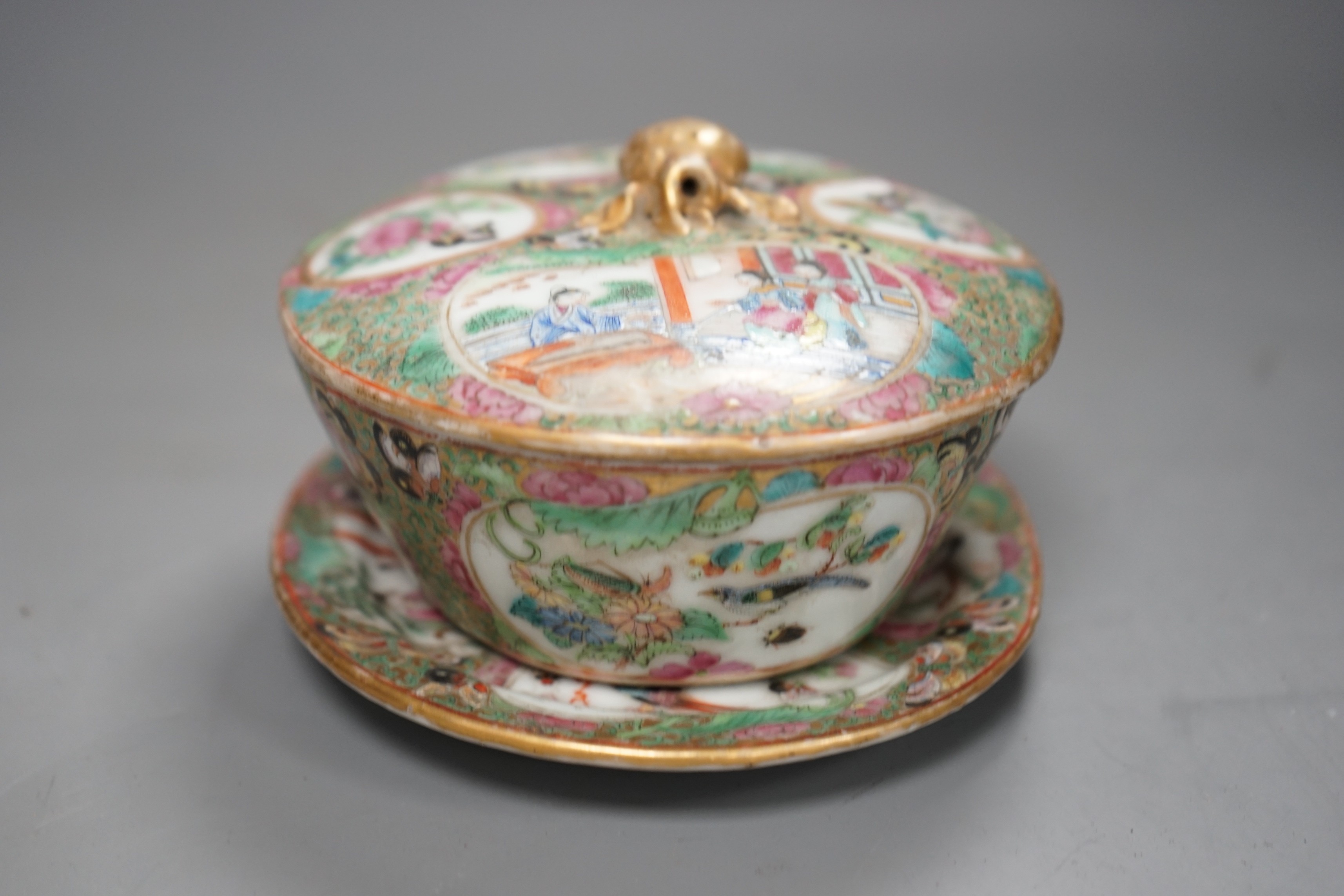 A mid 19th century Chinese famille rose butter dish, cover and stand, dish and cover 9cms high